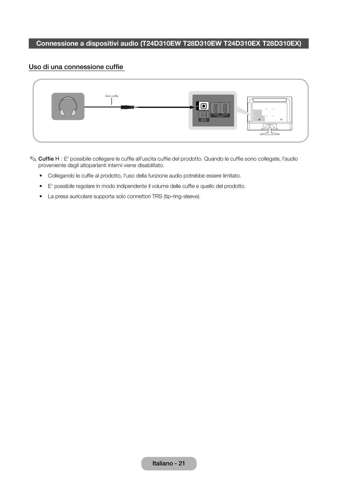 Samsung LT31D310EX/EN, LT31D310EW/EN manual Uso di una connessione cuffie  